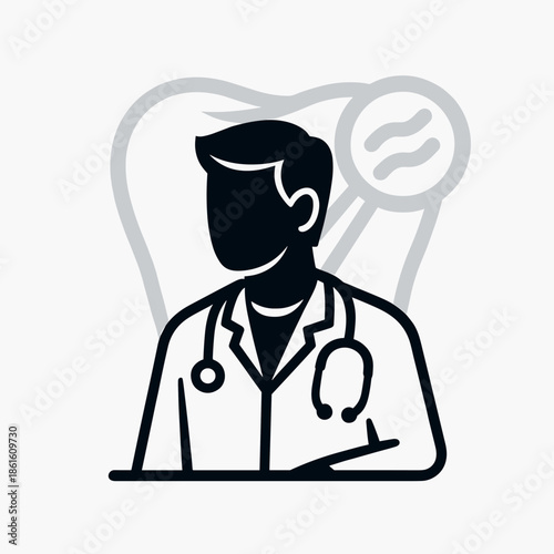 Doctor with Stethoscope Icon Examining Tooth, Healthcare and Dental Care Concept