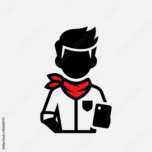 Minimalist Illustration of a Person with Red Bandana Holding a Smartphone