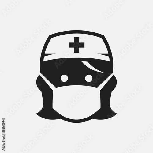 Minimalist Nurse Icon Wearing Medical Cap and Protective Face Mask