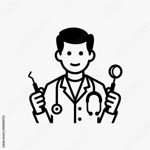 Smiling Male Doctor or Dentist Holding Medical Examination Tools