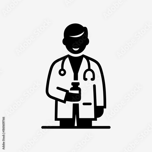 Smiling Doctor Holding a Medical Bottle, Wearing Stethoscope and Lab Coat