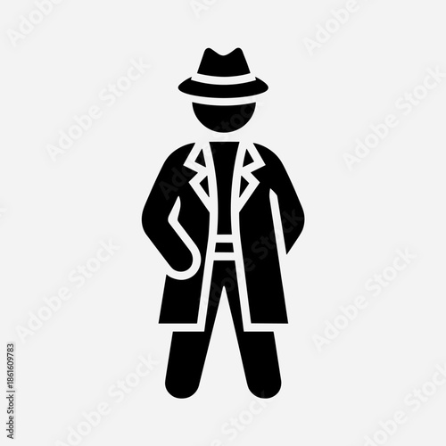 Man in Fedora Hat and Trench Coat Icon Representing a Detective