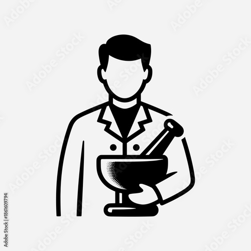 Professional Male Pharmacist Holding Mortar and Pestle Line Art Icon