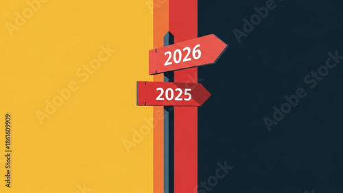 Future timeline concept with directional signs pointing to 2025 and 2026 on colorful background