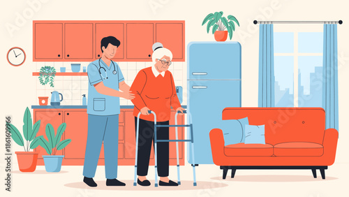 Caregiver assisting elderly woman at home