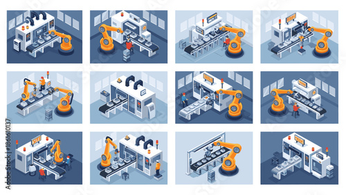 Industrial factory settings with robotic arms and machinery
