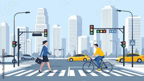 City street scene with pedestrian and cyclist