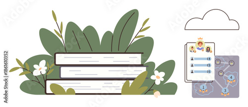 Books stacked among leaves and flowers with leaderboard stats and strategy map illustration. Ideal for education, knowledge, strategy, digital learning, teamwork, creativity, sustainable growth