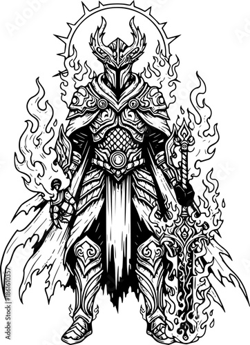 Mystical Warrior Engraving Illustration: Guardian of Flames and
