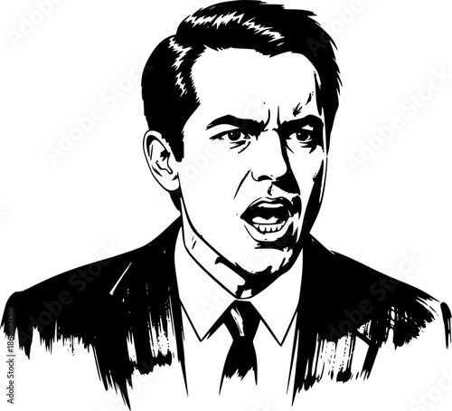 Minimalist brushstroke illustration of a man speaking intensely
