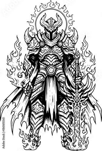 Mystical Warrior Engraving Illustration: Guardian of Flames and
