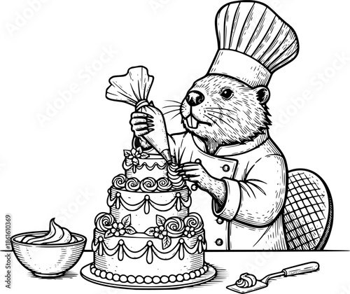 Engraved Illustration of a Beaver Chef Decorating a Cake with Fr
