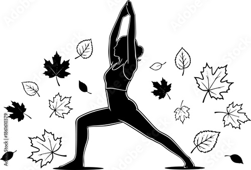 Serene yoga pose silhouette in nature with falling leaves artwor

