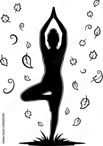 Serene yoga pose silhouette in nature with falling leaves artwor
