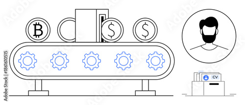 Automation concept. Automation illustrated through cryptocurrency coins, user profile identification, and digital data management. Automation driving blockchain, finance, and data flow. Ideal