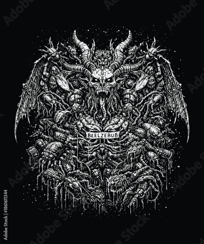 Beelzebub demon lord depicted as horned infernal ruler with dark armor, intense black and white hand drawn dark fantasy illustration
