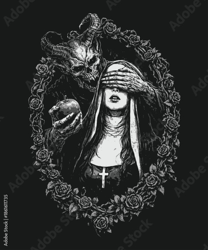 Blindfolded mystical woman surrounded by roses and symbols, dark occult black and white hand drawn fantasy illustration