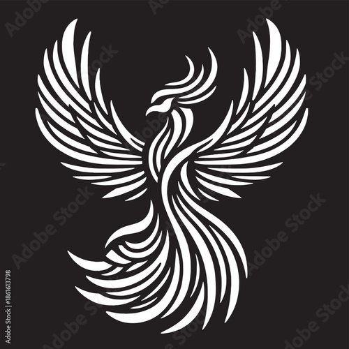 Black and white tattoo design featuring a tribal eagle silhouette and phoenix wings as a vector illustration element for an angel or dragon art symbol