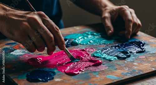 Artist Hands Mixing Vibrant Oil Paints on Palette for Abstract Painting Creation