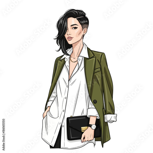 Stylish woman in olive blazer and white shirt a modern fashion illustration