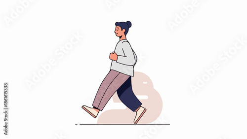 Dynamic portrait illustration of a woman in mid-stride with a beige-to-peach gradient background