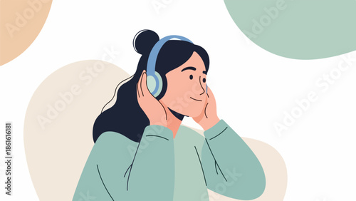 Young woman with dark hair in a loose bun, wearing headphones and a light green shirt, contemplating with eyes closed