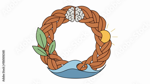 Circular wreath illustration with brain, leaf, heart, and sun symbols