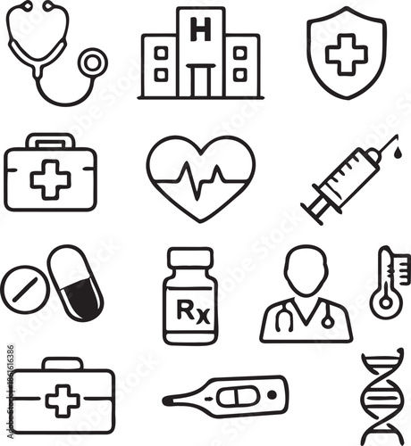 Set of 12 Black Line Art Medical Healthcare Icons Vector isolated PNG with Transparent Background