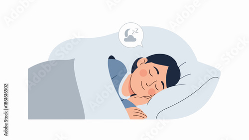 Woman with short dark hair sleeping peacefully on a light blue blanket