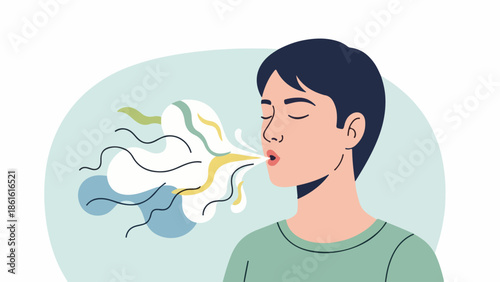Stylized portrait illustration of a young man exhaling smoke in blue, green, and white strokes