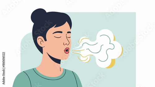 Portrait illustration of a woman exhaling with a wispy breath cloud