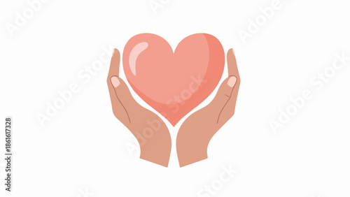 Minimalist illustration of hands cradling a pink heart on a neutral background