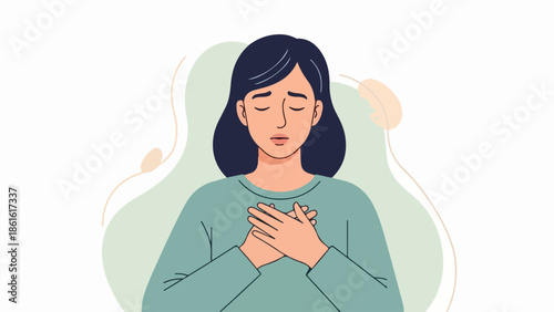 Young woman in light green top with closed eyes in a pose of quiet contemplation