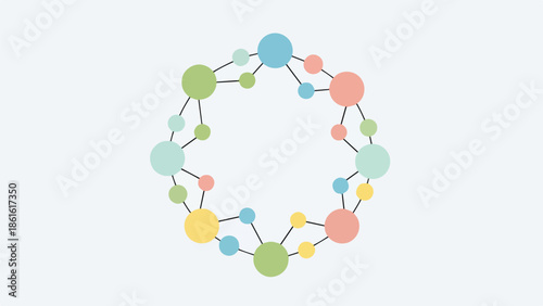 Abstract circular arrangement of interconnected pastel nodes on a transparent background