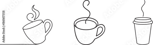 Single continuous line coffee cup illustration set with fluid strokes for modern cafe visuals