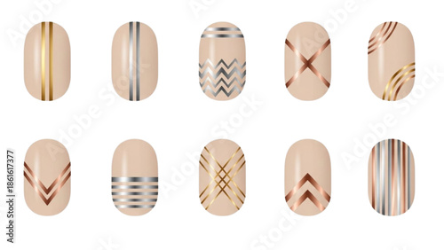 Collection of chic artificial nails featuring elegant metallic stripe and geometric patterns on a natural base