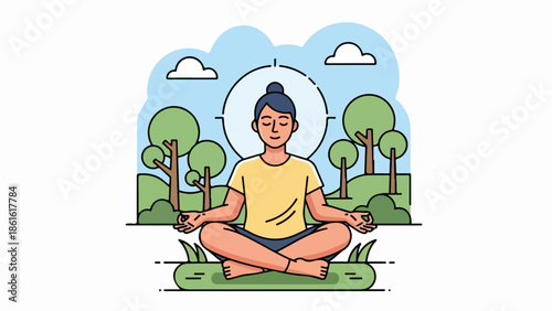 Woman meditating in lotus pose outdoors with trees and clouds