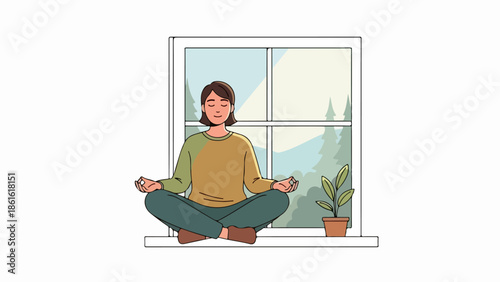 Woman in meditative pose on window sill with potted plant