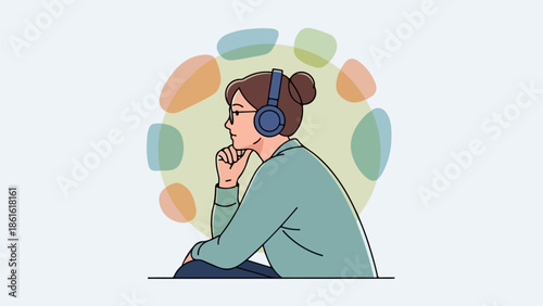 Young woman in glasses with brown hair in a ponytail reflecting thoughtfully against abstract geometric background