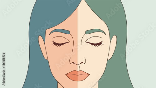 Minimalist illustration of a woman with a symmetrically divided face in peach and green tones