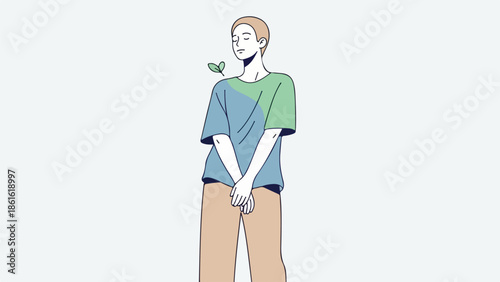 Young man in blue and green t-shirt with beige pants standing confidently with arms crossed