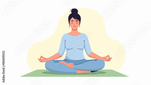 Young woman in meditative pose with light blue clothing on light green ground