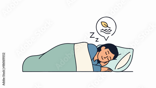 Stylized illustration of a woman sleeping peacefully in bed with a speech bubble of a crescent moon and snoring lines
