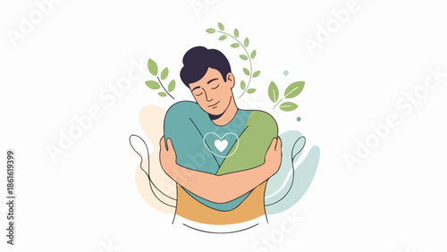 Young man in green and blue shirt with heart symbol reflecting in nature-inspired abstract background