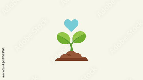 Young plant with two bright green leaves sprouting from dark brown soil and a light blue heart above