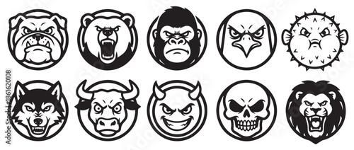 Set of ten angry animal and creature vector avatars including a bulldog bear gorilla eagle pufferfish wolf bull imp skull and lion