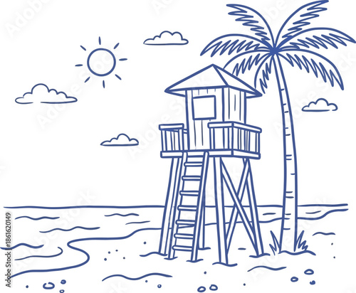 Simple Line of a Beach Scene with Lifeguard Tower and Palm Tree