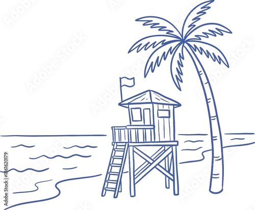 Simple Line of a Tropical Beach Scene with Lifeguard Tower