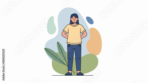 Young woman with hands on hips standing confidently in abstract background