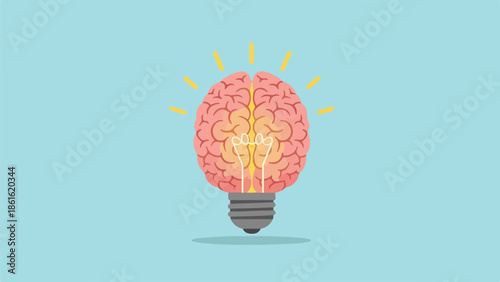 Brain shaped like a lightbulb with yellow lightning bolt on gradient blue background